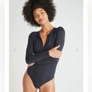 YUMMIE | katrina henley long sleeve thong bodysuit - cotton rib seamless